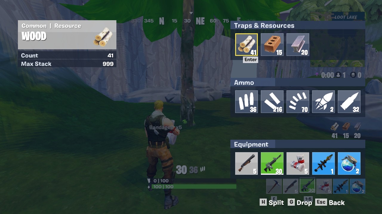 Inventory with weapons, ammunition and building resources